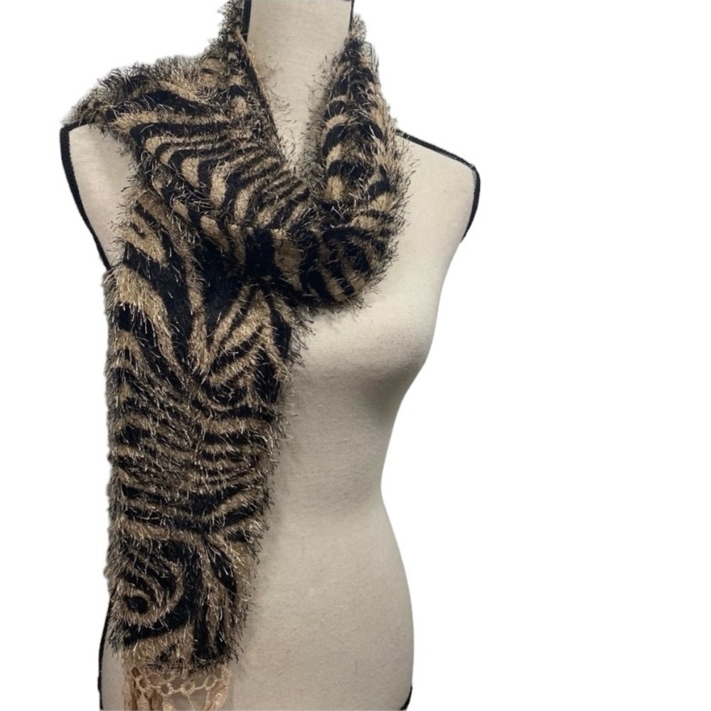 Animal Print Fringe Scarf.  Tan/Black.   Tassels.